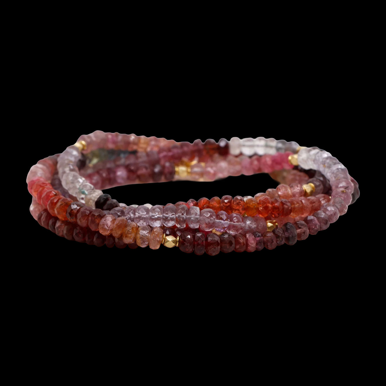Red spinel wrap bracelet with 18k yellow gold beads by Fringe Gallery studio jeweler Barbara Heinrich