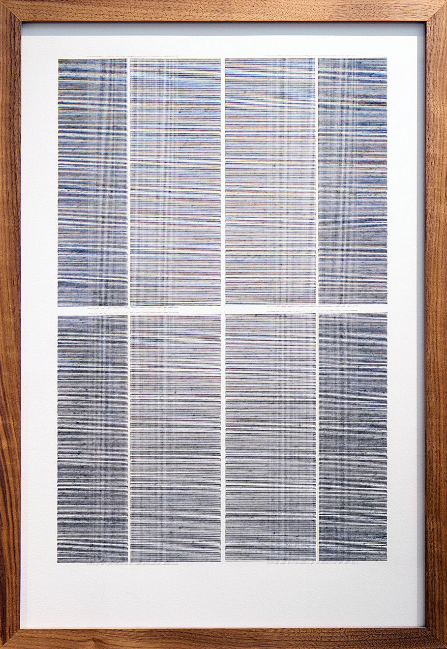 Framed blue thread on paper work by Fringe Gallery artist Rebecca Messier