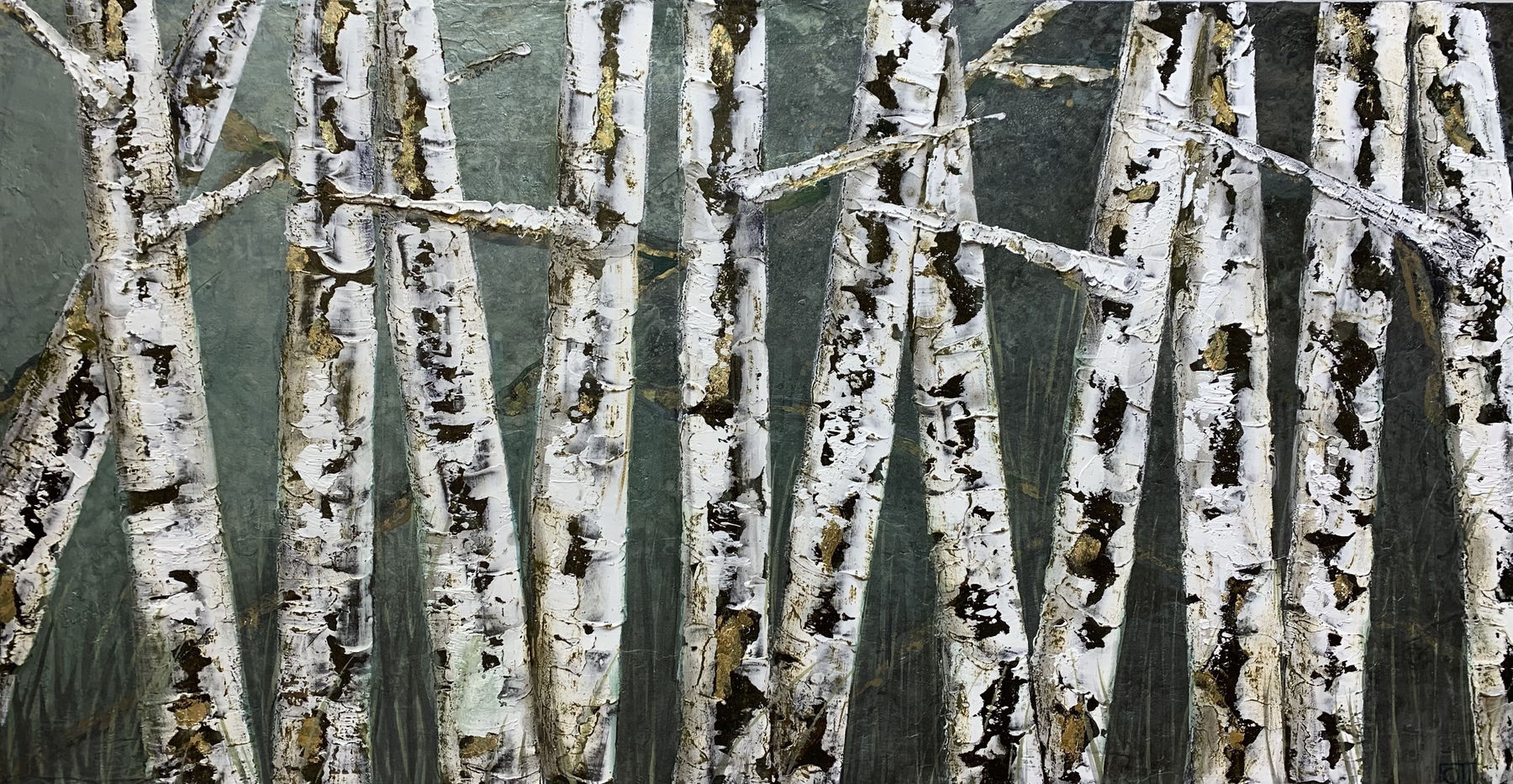 Acrylic and gold leaf painting of aspen trees with a dark gray background by slate gray gallery artist Katherine Lott