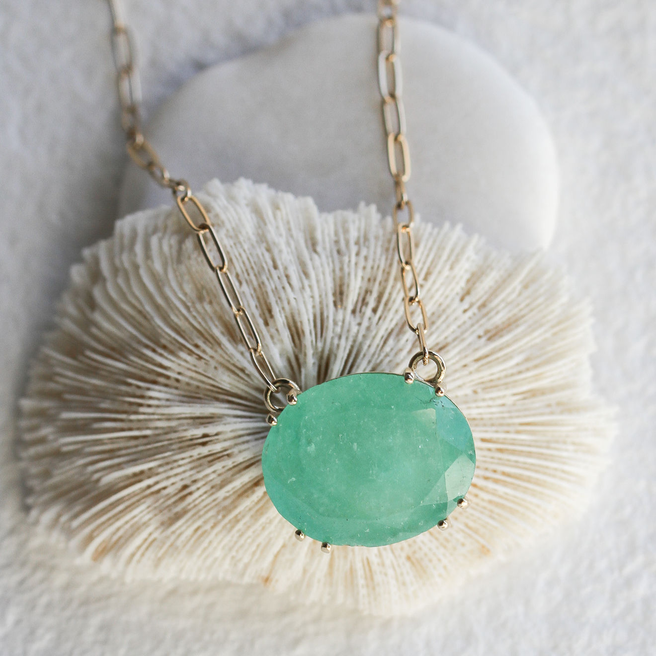 14k yellow gold, oval columbian emerald necklace by Fringe gallery studio jeweler Jane Pope