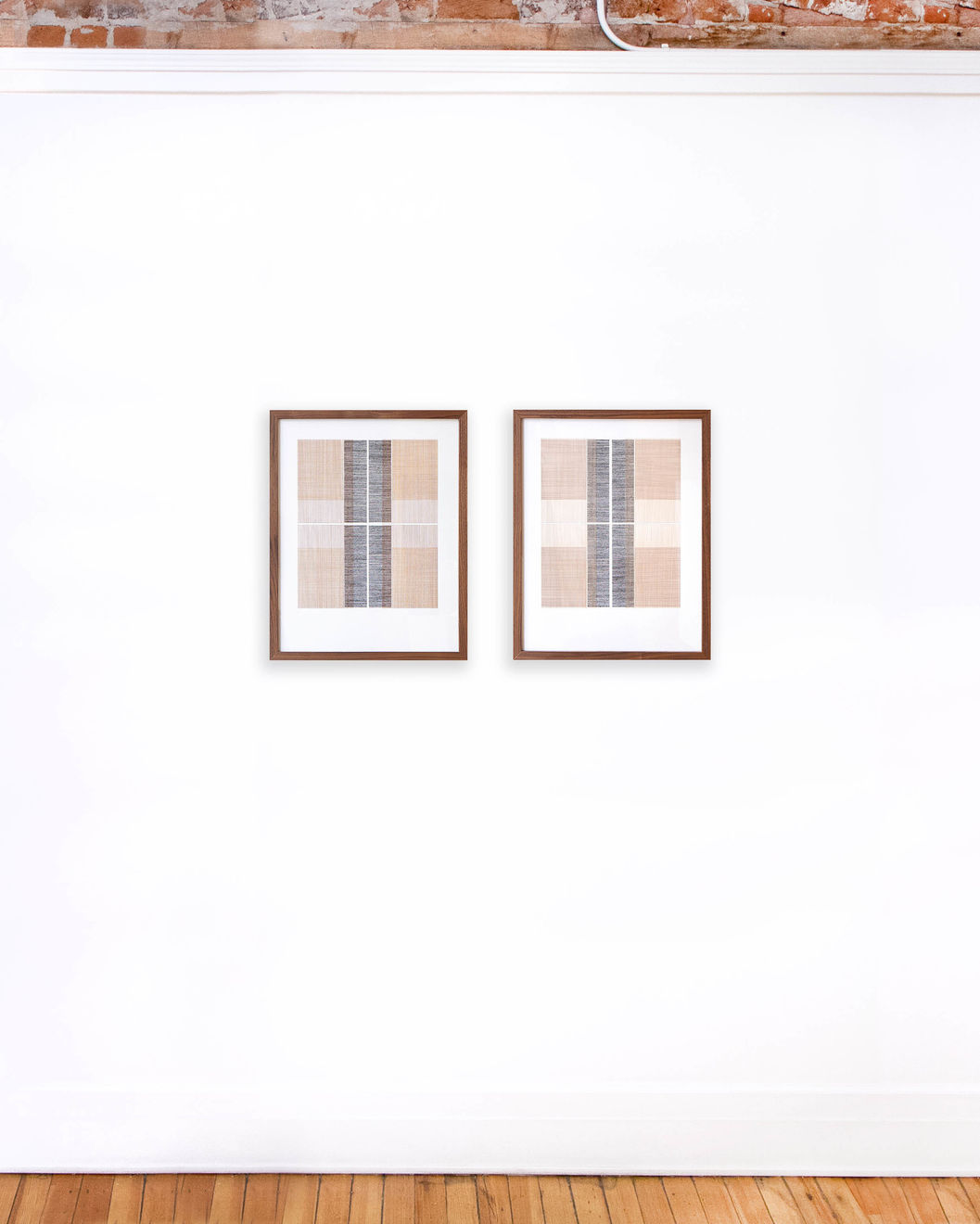 Diptych of framed thread on paper works by Fringe Gallery artist Rebecca Messier