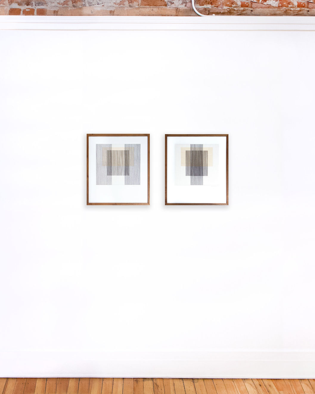 Diptych of framed thread on paper works by Fringe Gallery artist Rebecca Messier