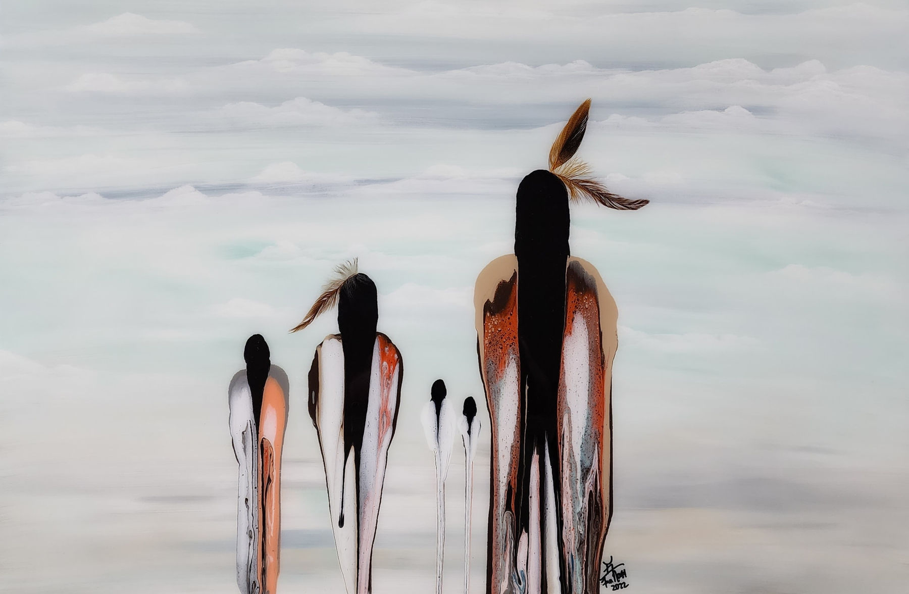Acrylic painting with 5 figures of ambiguous native origin against a serene sky by artist Fran J Nagy