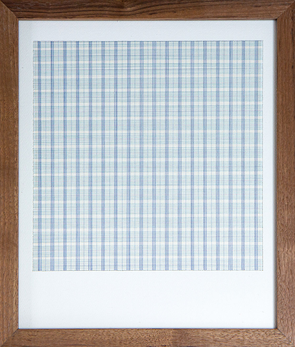 Framed blue thread on paper work by Fringe Gallery artist Rebecca Messier