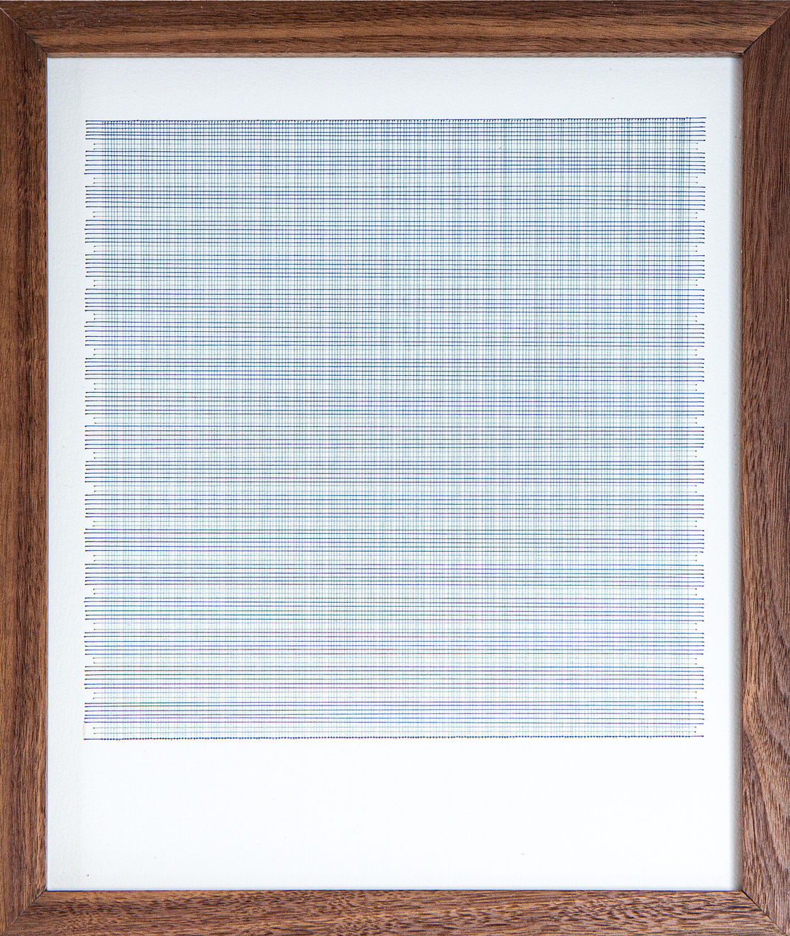 Framed blue thread on paper work by Fringe Gallery artist Rebecca Messier