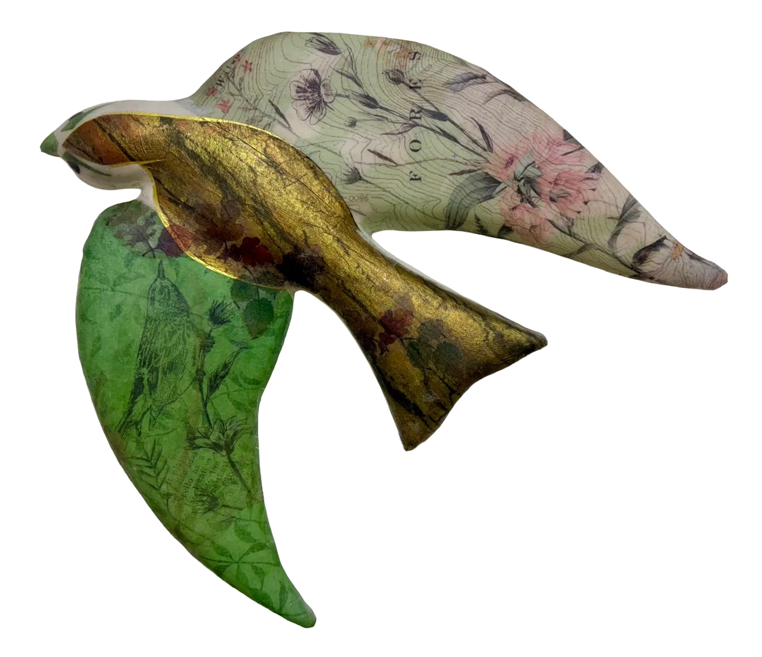 a clay swallow made by Telluride artist Julie McNair which depicts flowers, tree bark, and a map of the area with golden highlights