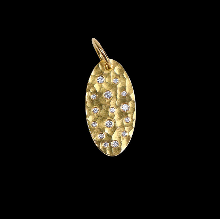 Yellow gold oval pendant with diamonds by Fringe Gallery studio jeweler Nanci Modica