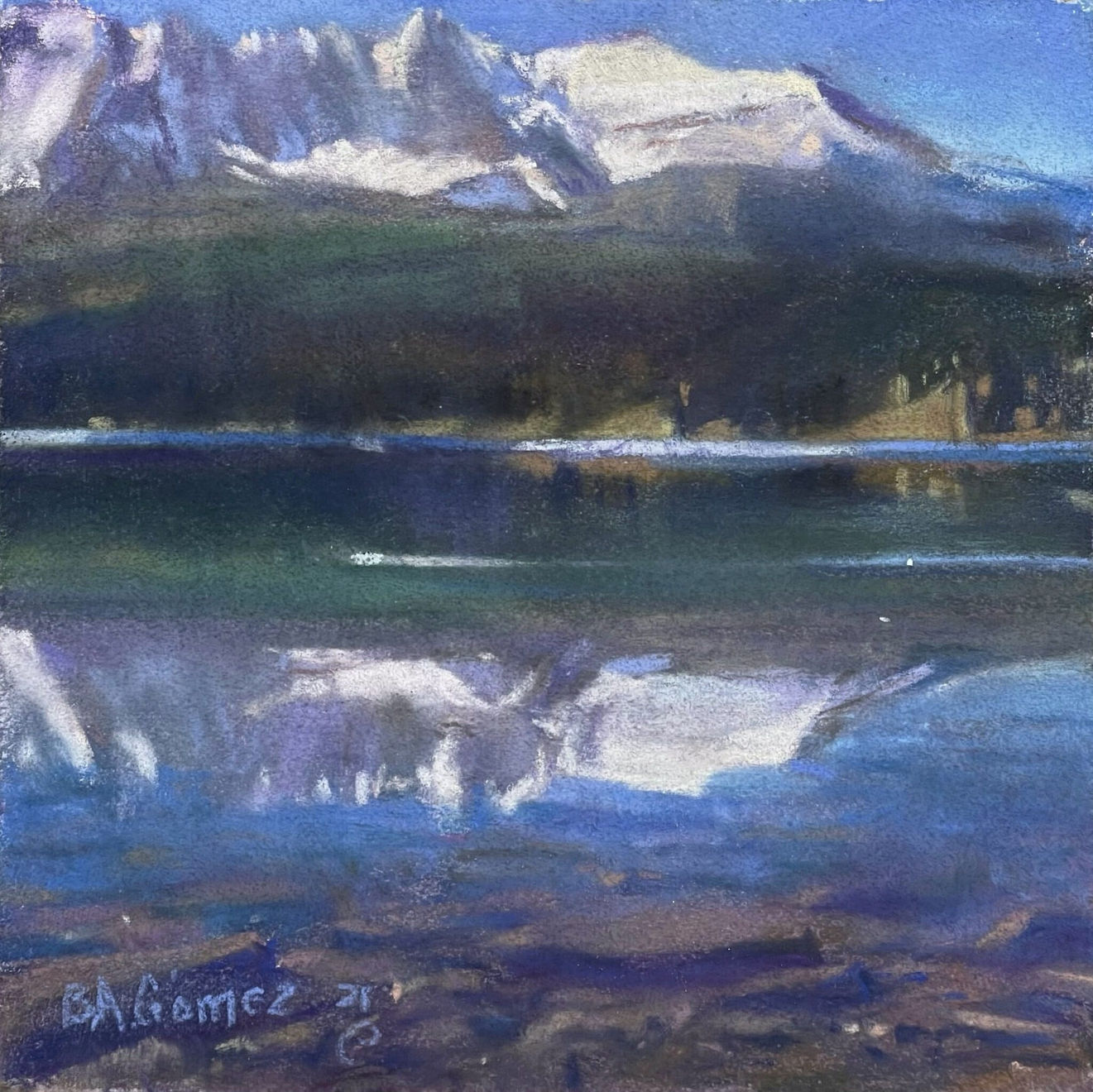 Pastel painting of a snowy mountain behind a lake by Slate gray gallery artist Bruce a Gomez