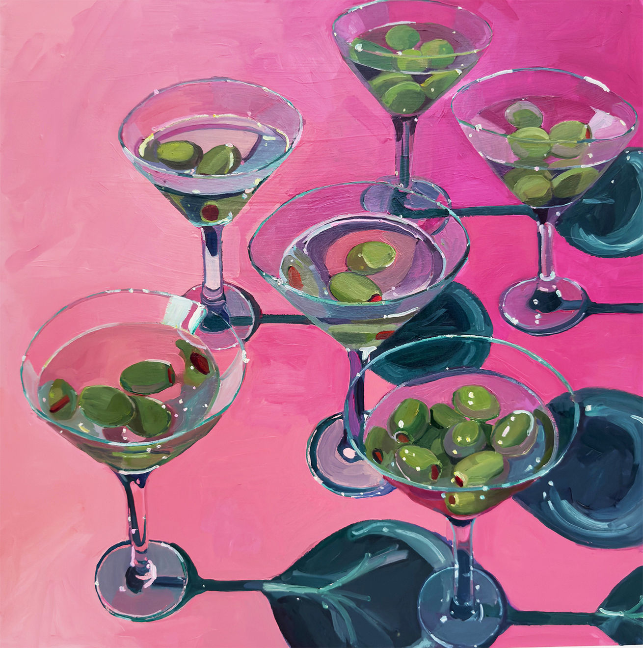Erika Lee Sears oil painting of martinis with olives on a hot pink surface