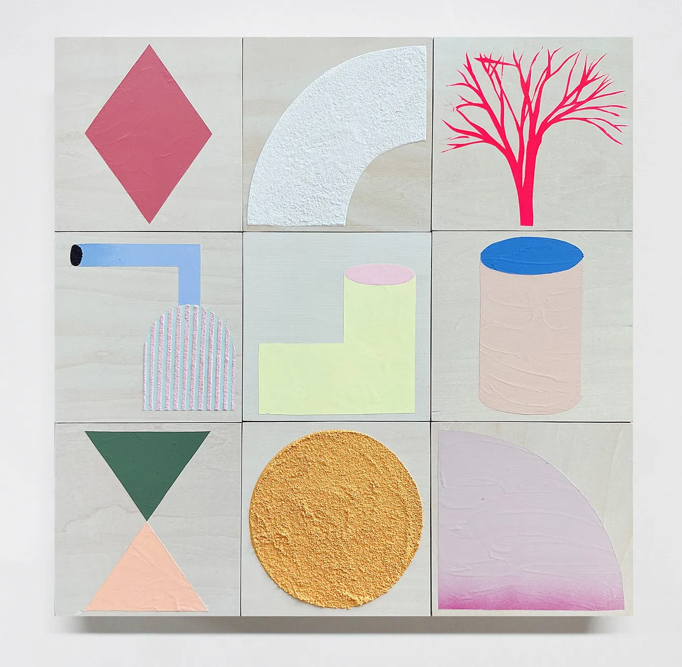 Cameron Ritcher “Vernacular 65” abstract artwork featuring a grid of geometric shapes in bold colors including triangles, circles, and textured forms on neutral panels.