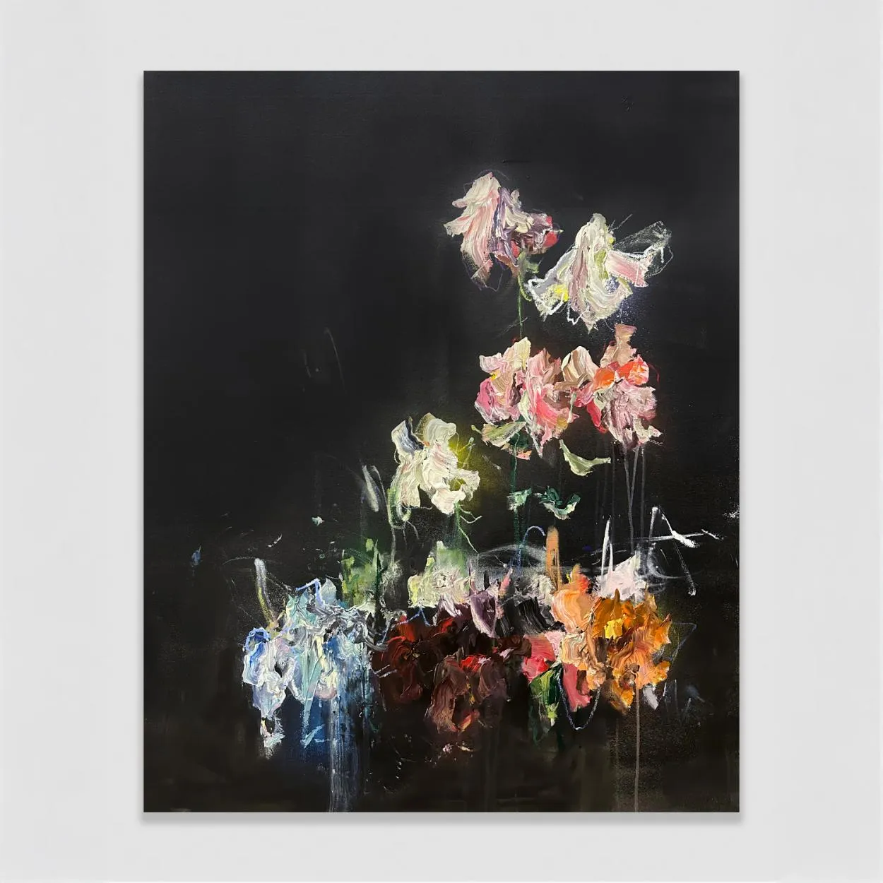 Sage Barnes floral composition arrangement 11 on black hanging on wall