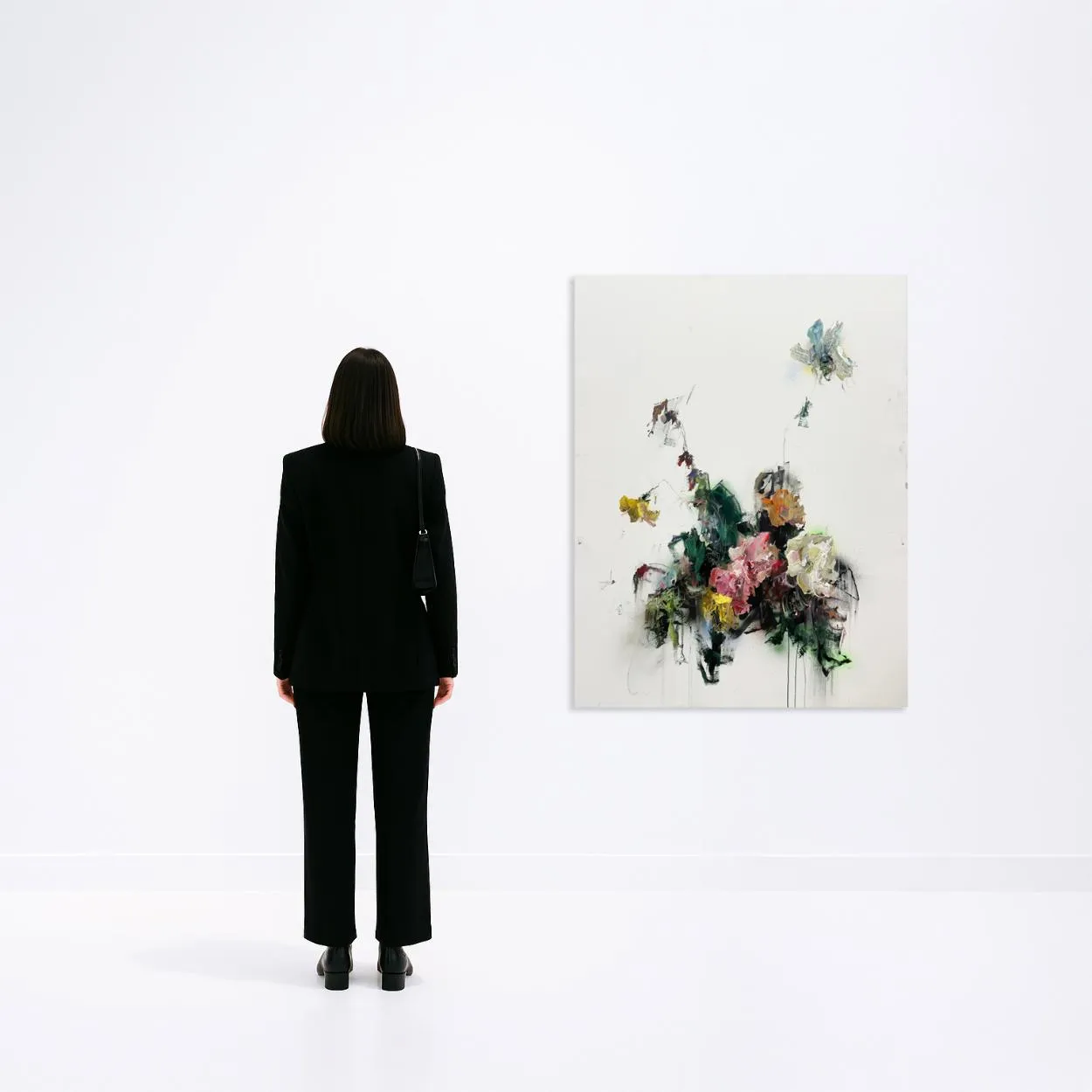 Sage Barnes flower painting on white background with person standing for scale