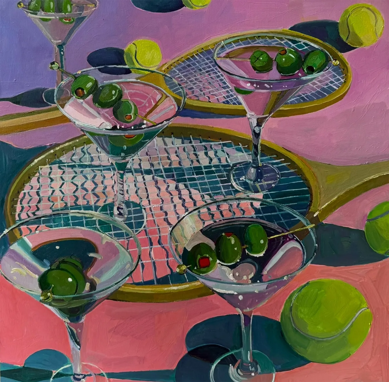 Erika Lee Sears oil painting of martinis and tennis rackets with tennis balls. The lighting is cinematic as if at sunset
