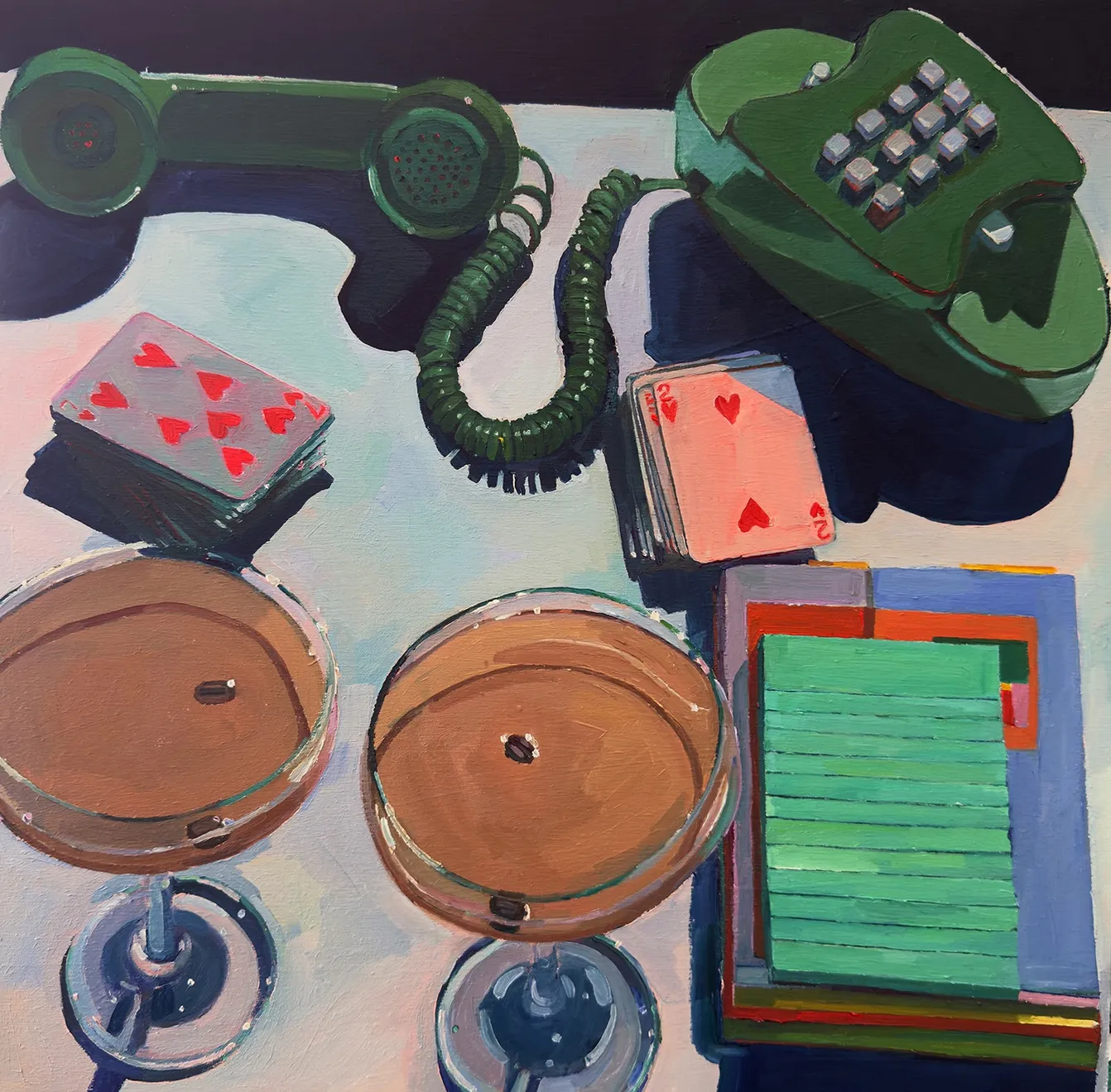 Erika Lee Sears oil painting of a desk-scape with corded telephone, espresso martinis, and decks of cards on a table