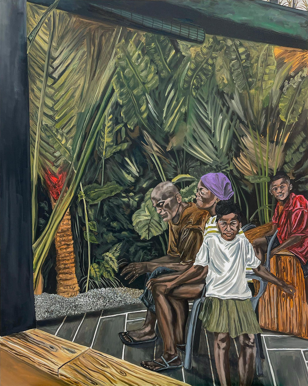 Painting by Davariz Broaden featuring family consisting of an older man, woman, and two you children sitting on chairs in an outdoor living space. They are surrounded by lush tropical fauna