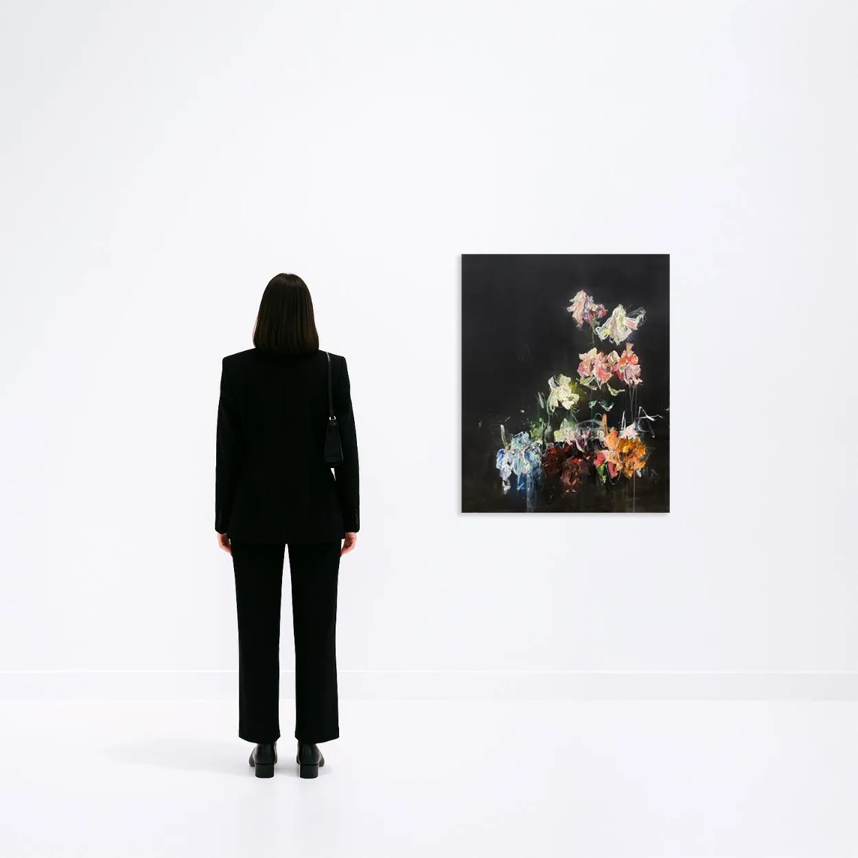 Sage Barnes floral composition arrangement 11 on black with person standing for scale
