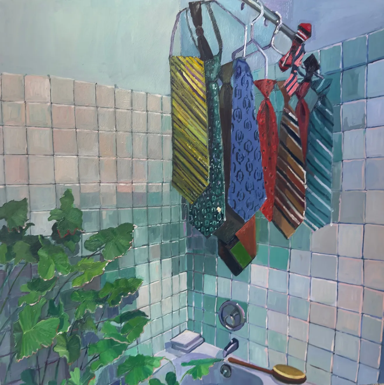 Erika Lee Sears oil painting of a tiled shower with ties hanging on the curtain rod.