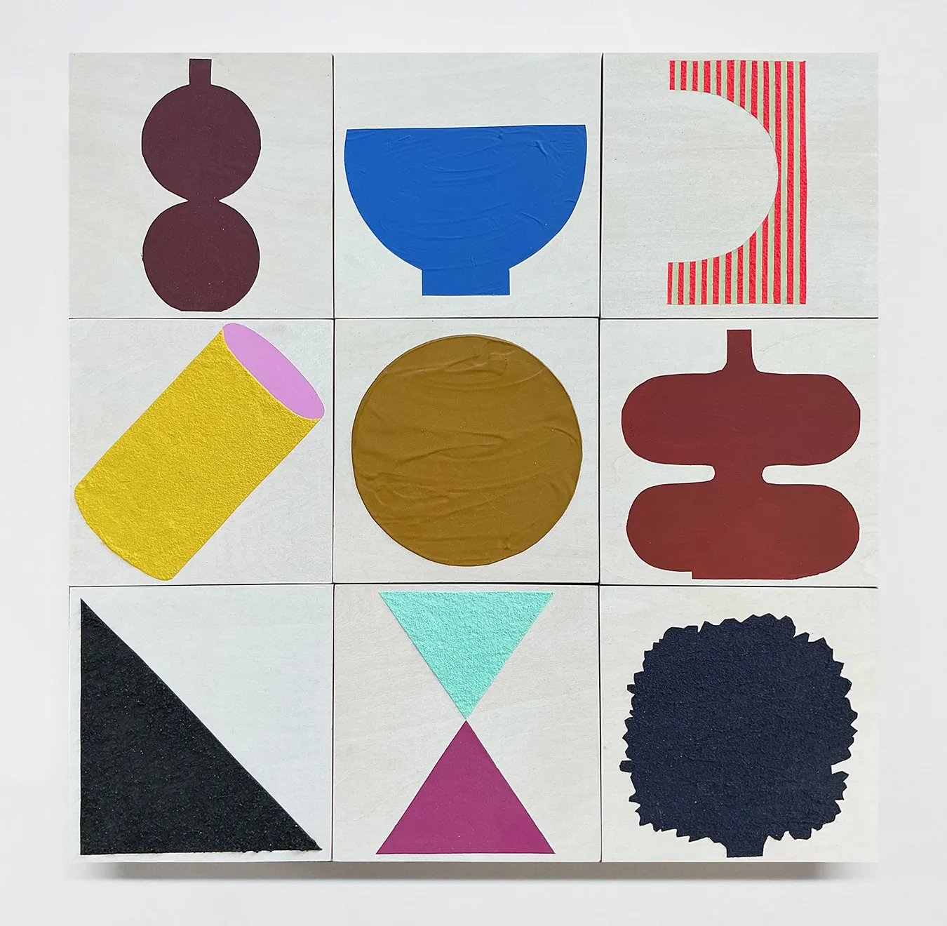 Cameron Ritcher “Vernacular 64” abstract grid painting with bold geometric shapes including cylinders, triangles, and circles in bright colors with textured and patterned surfaces.