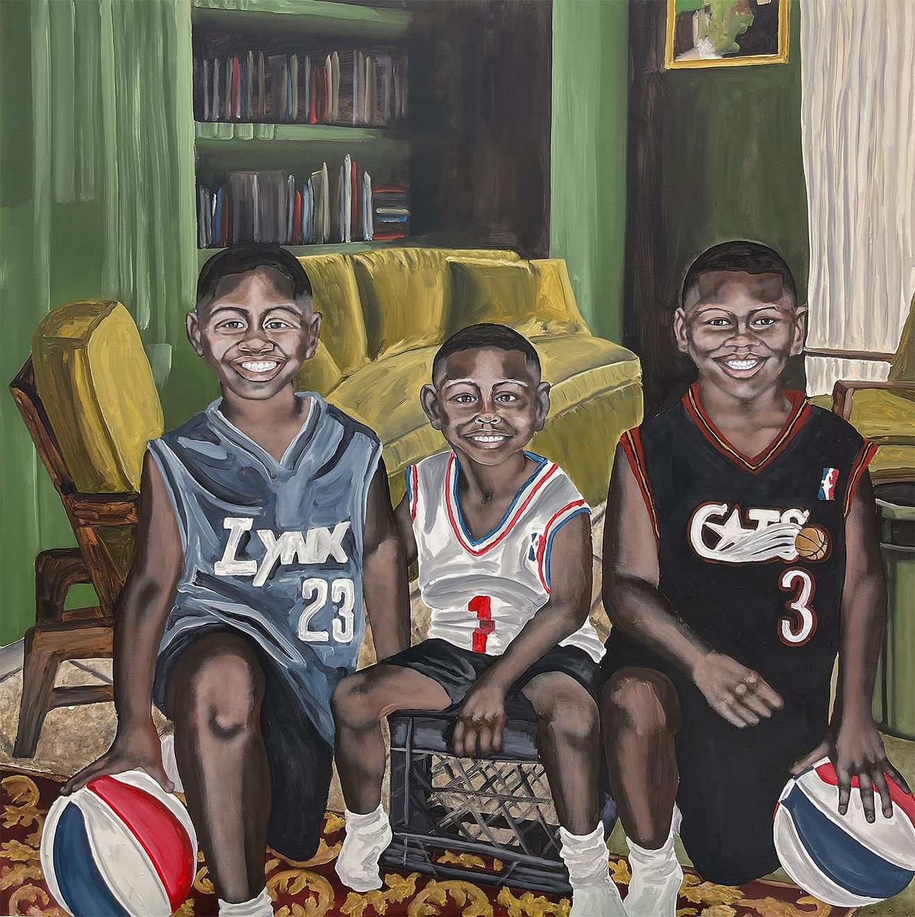 Painting by Davariz Broaden featuring three young boys sitting in a living room. Two have basketballs and all three are in basketball jerseys. The living room is green with green couches and chairs.