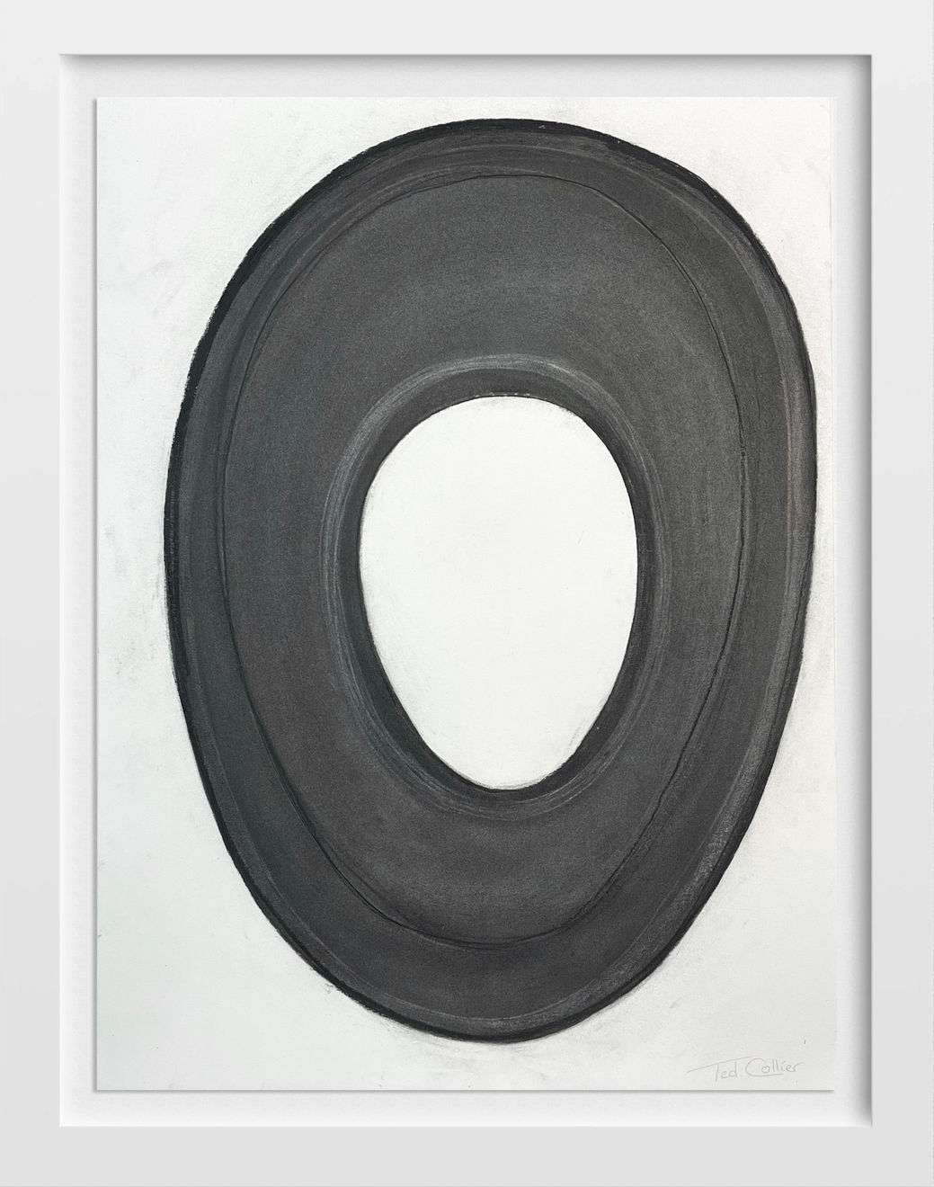Ted Collier work on paper with a black circle on white background in charcoal framed in white frame