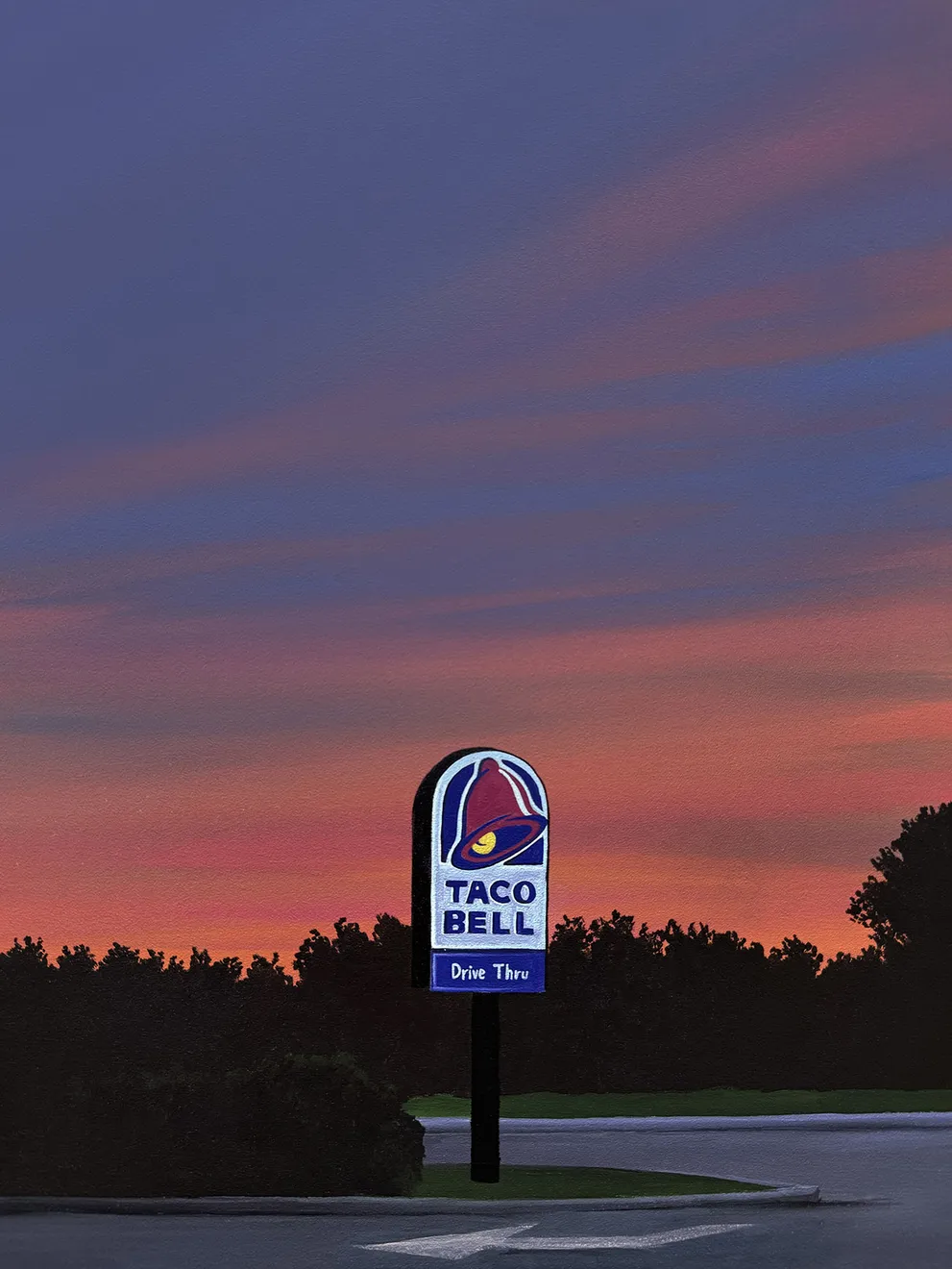 Kristin Moore Taco Bell Sunset painting featuring a roadside Taco Bell sign at dusk with a vivid red and purple sky and silhouetted trees.