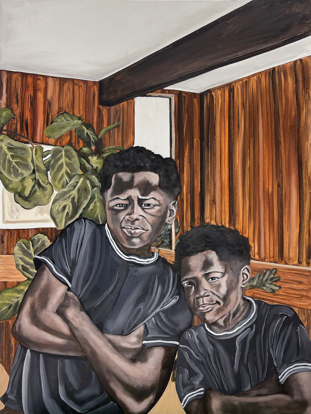 Painting by Davariz Broaden featuring two young boys in black jerseys with the arms crossed. They are in a living room with wood panel walls and a plant in the left corner