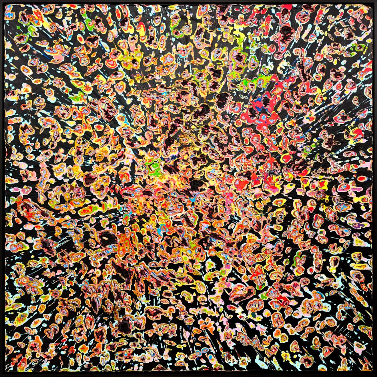 Jason Hallman excavated painting with black background and multi colored excavation spots with red blue green and yellow