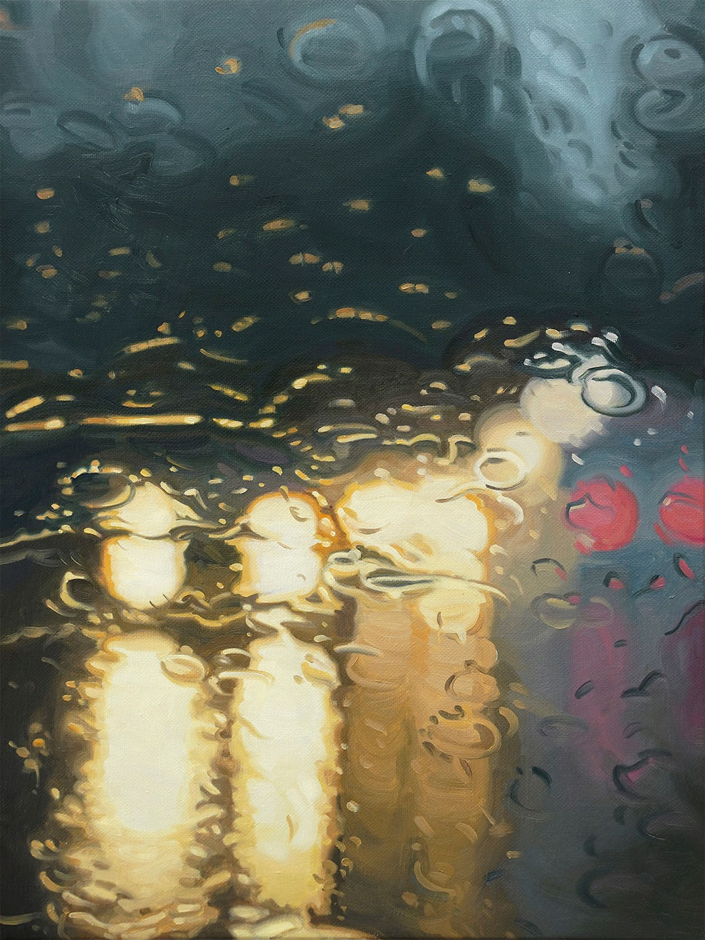 Gregory Thielker windshield painting of headlights visible through rain