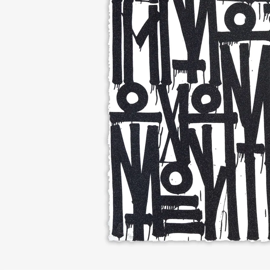 Retna print with white background and black diamond dust calligraphy