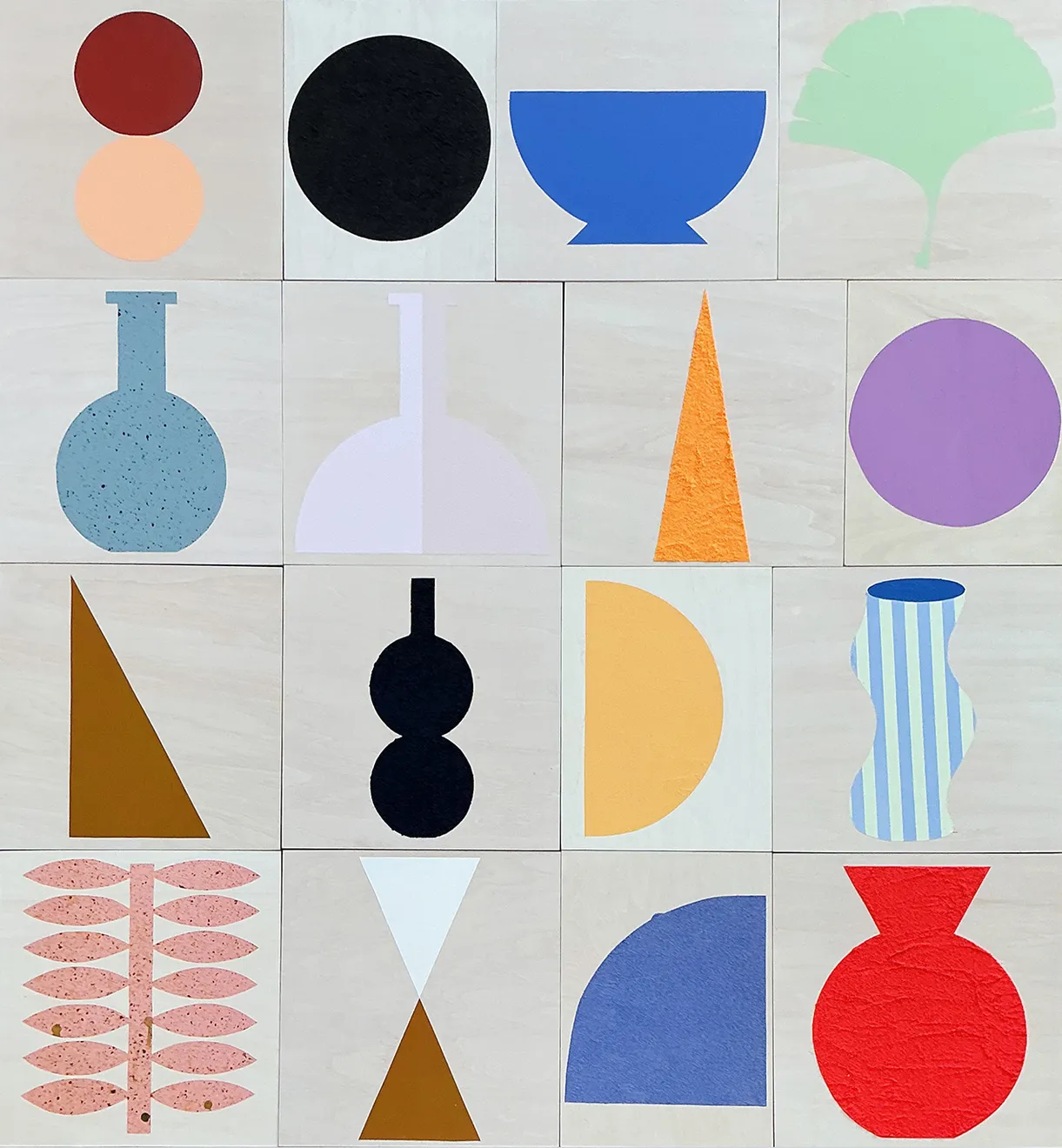 Cameron Ritcher “Vernacular 62” abstract painting featuring a grid of panels with geometric shapes such as vases, triangles, and circles in pastel and bold colors with subtle textured surfaces.