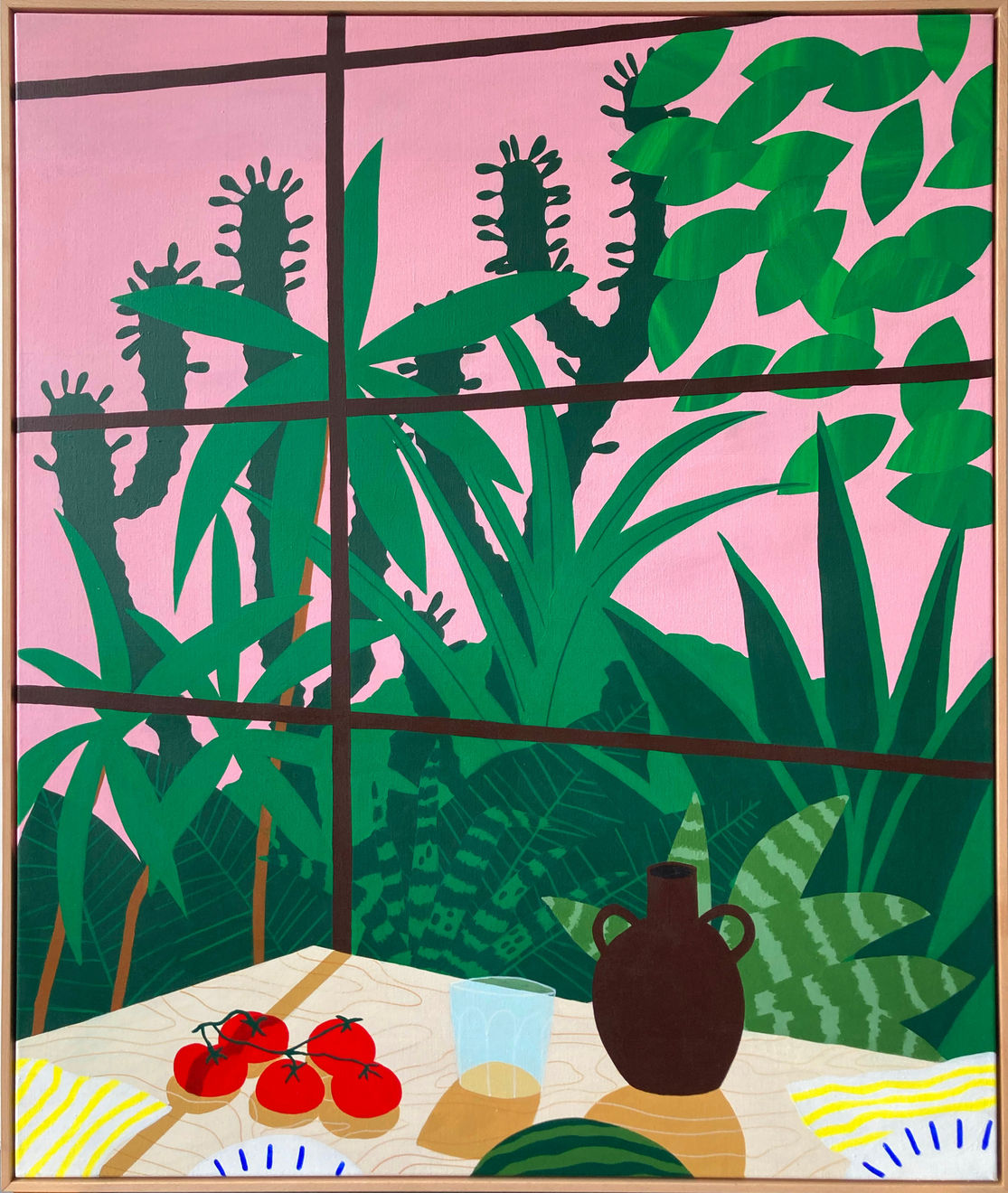Painting by HelloMarine featuring a table scape with tomatoes and a vase in font of paneled windows. Through the windows are green palms and cactus