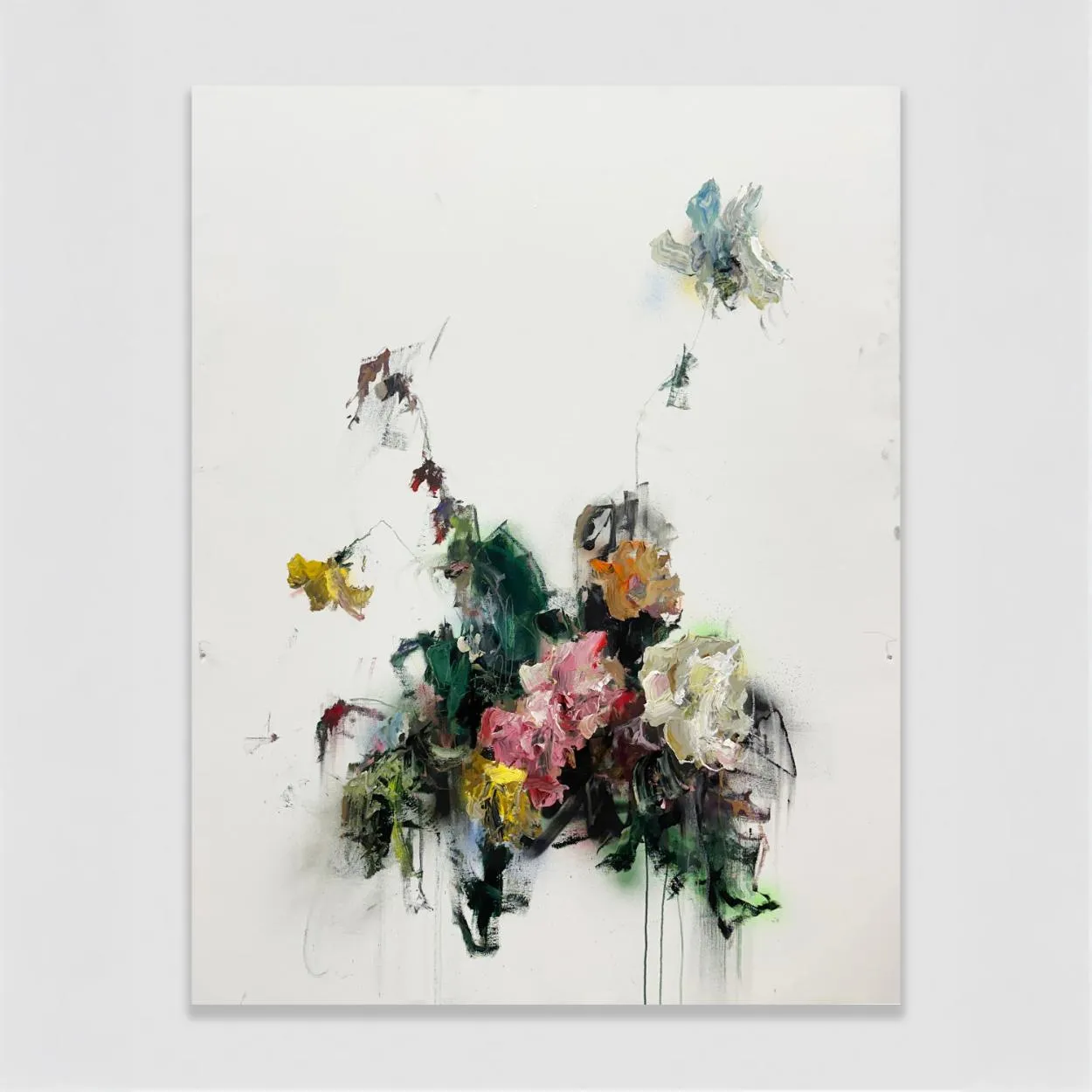Sage Barnes flower painting on white background hanging on wall