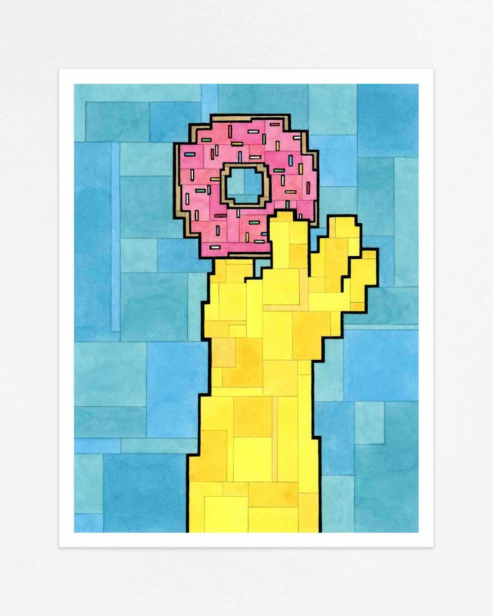 Adam Lister watercolor painting of Homer Simpson's hand holding a donut in 8-bit graphic style
