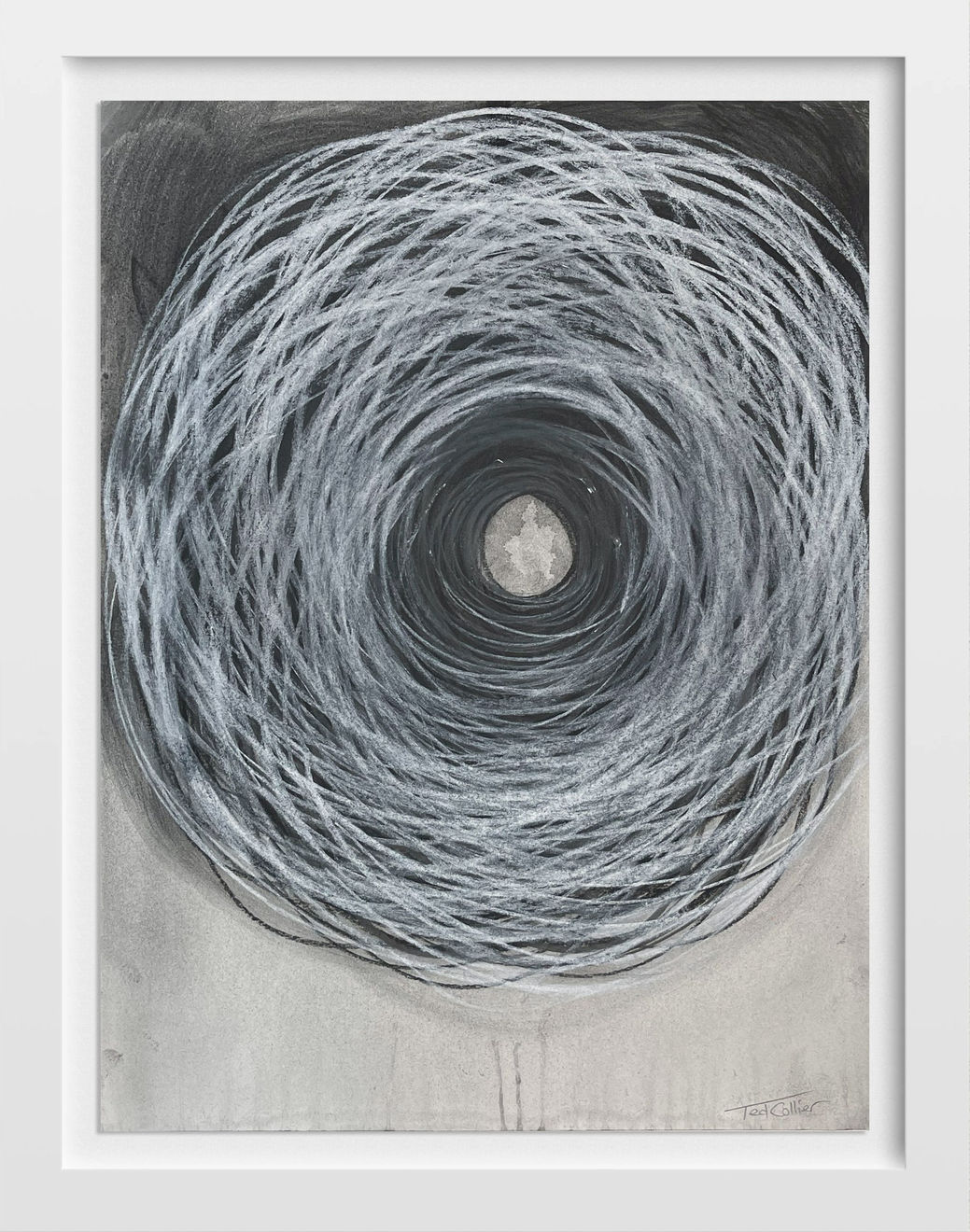 Ted Collier work on paper of vicious chaotic spiral in black in white charcoal framed in a white frame