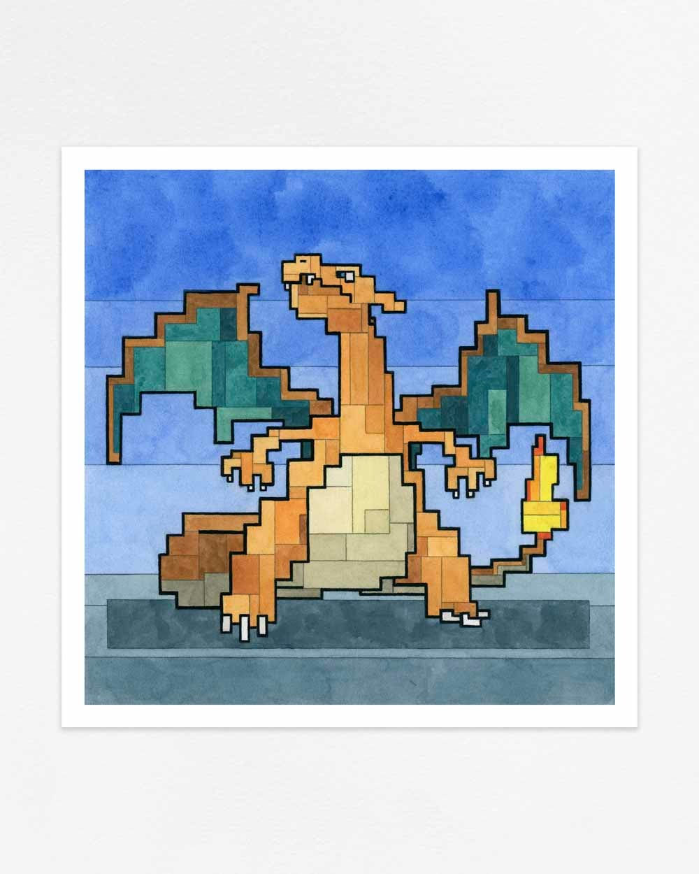 Adam Lister watercolor painting of Charizard Pokemon in 8-bit graphic style
