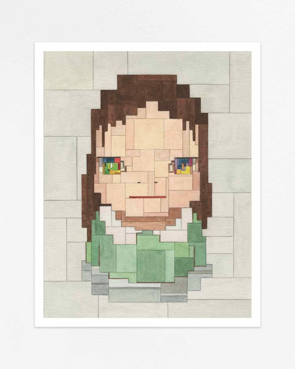 Adam Lister Watercolor of girl in green dress with colorful eyes on beige background after Yoshitomo Nara