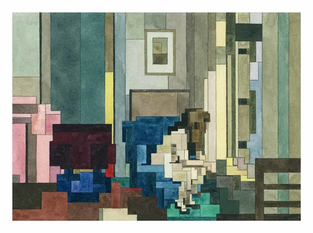 Adam Lister watercolor painting of Edward Hoppers Eleven AM in 8-bit graphic style