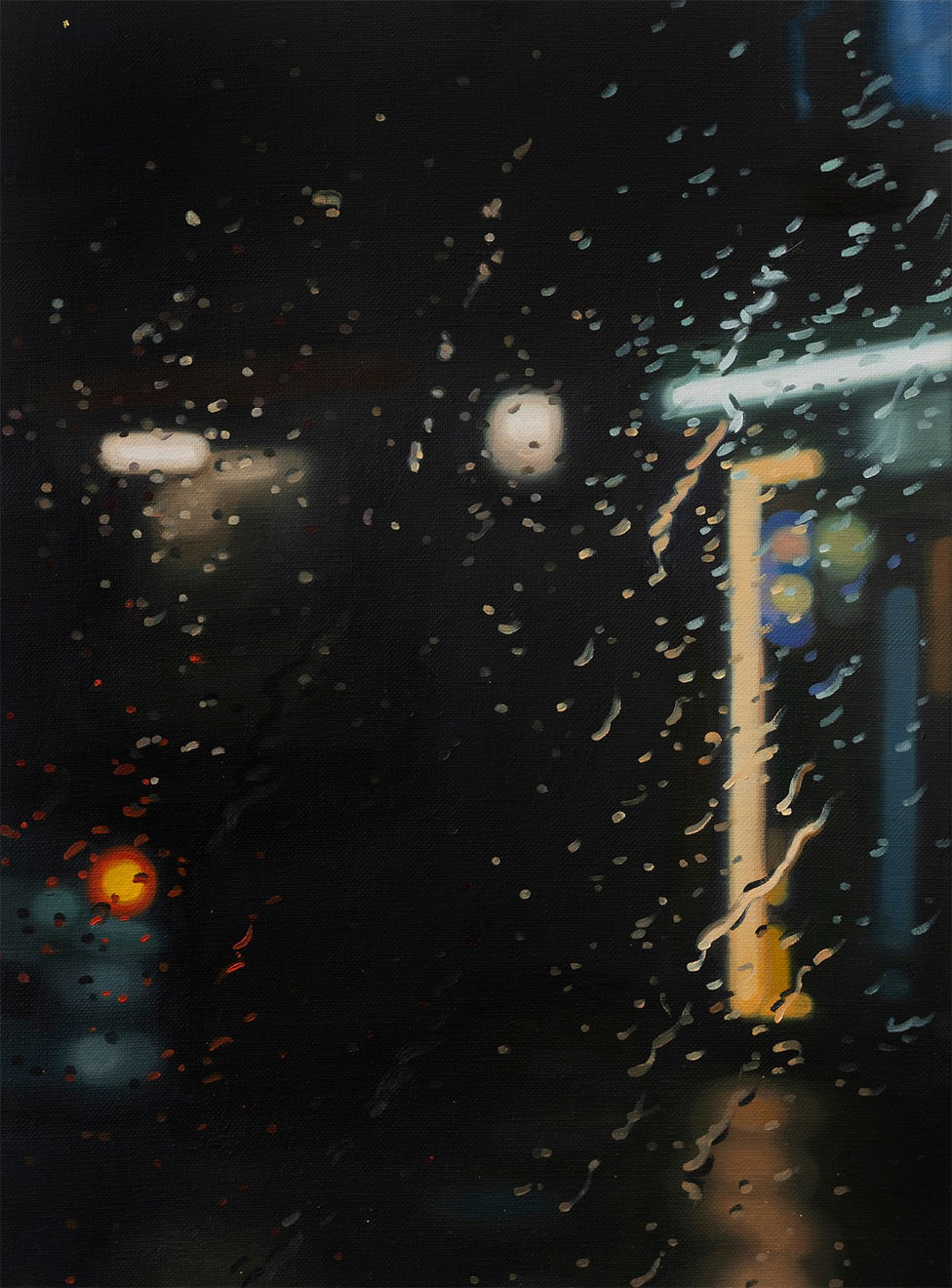 Gregory Thielker Windshield painting of a parking lot at night with bright lights visible from a store and orange brake light