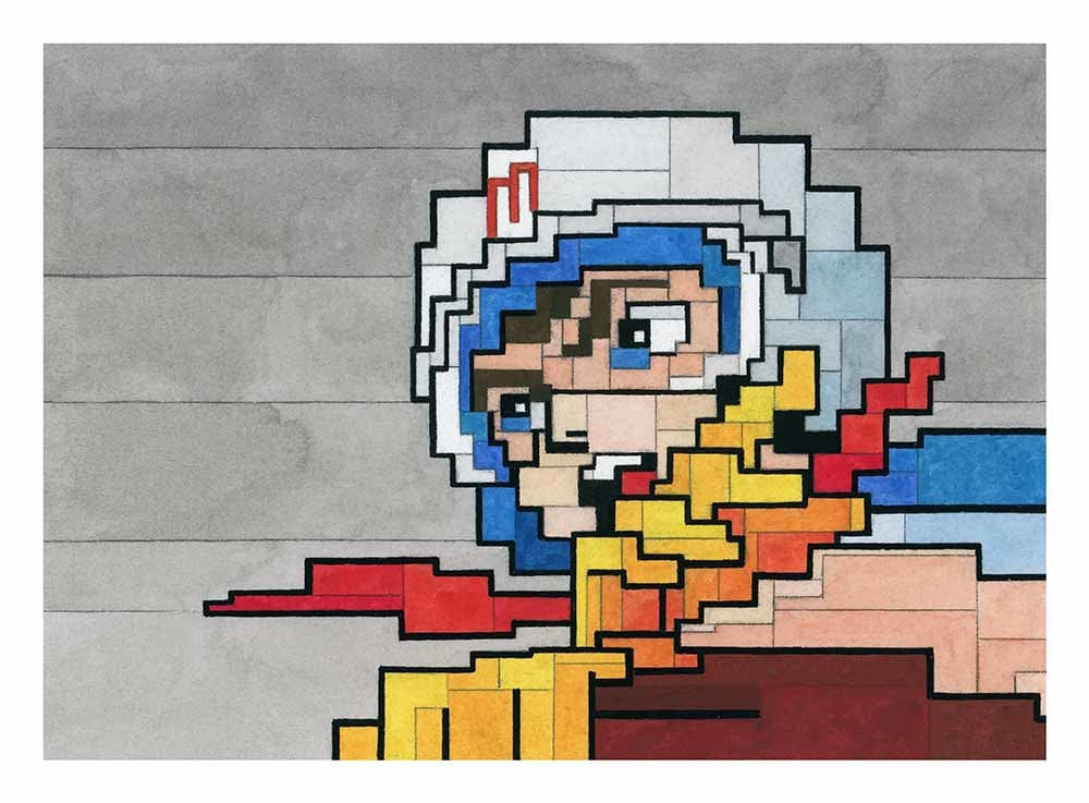 Adam Lister watercolor painting of Speed Racer in 8-bit graphic style
