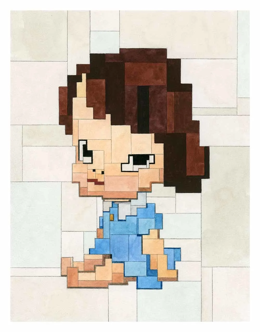 Adam Lister watercolor painting of girl in blue dress sitting on the floor with beige background after Yoshitomo Nara in 8-bit graphic style