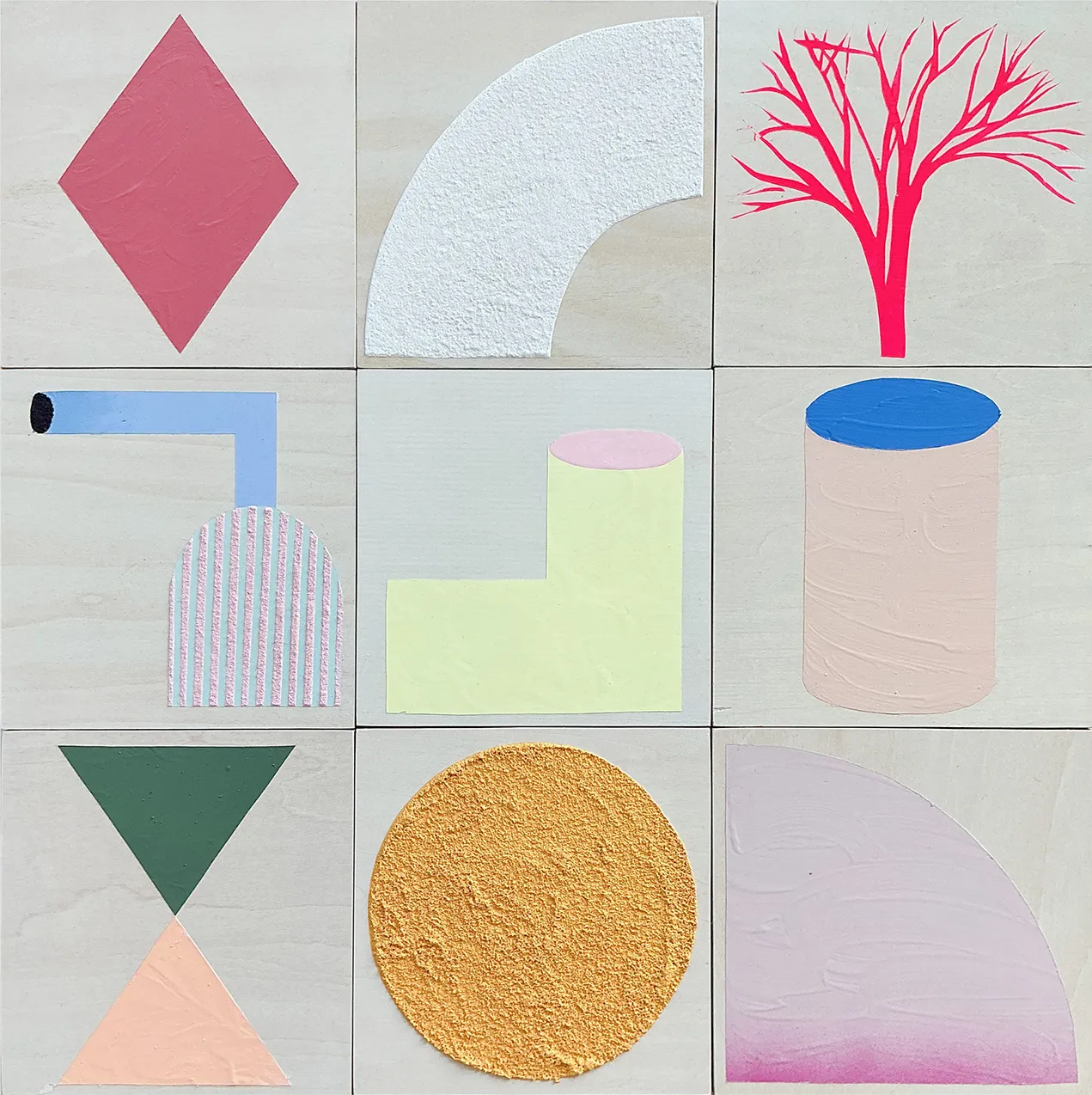 Cameron Ritcher “Vernacular 65” abstract artwork featuring a grid of geometric shapes in bold colors including triangles, circles, and textured forms on neutral panels.