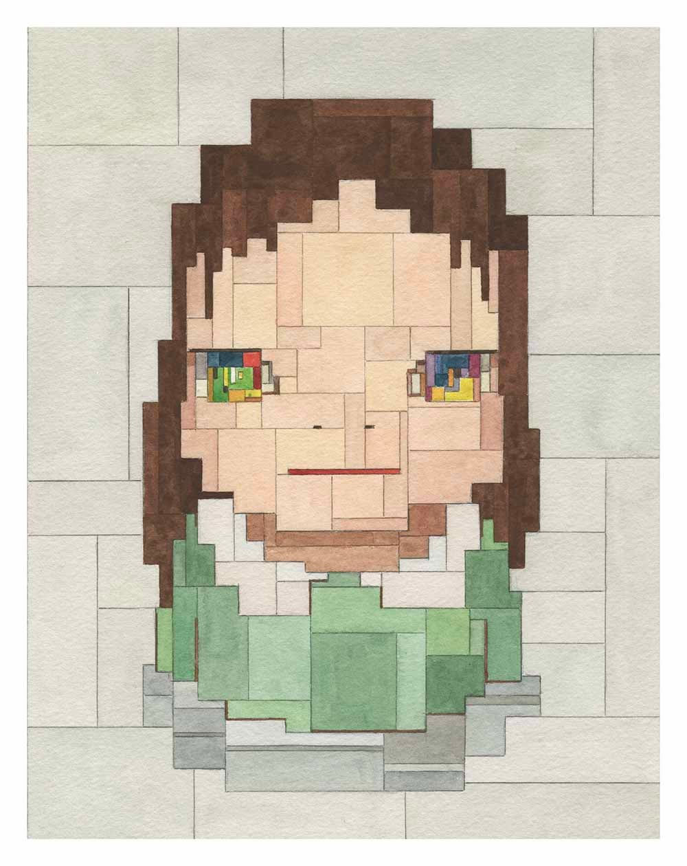 Adam Lister Watercolor of girl in green dress with colorful eyes on beige background after Yoshitomo Nara