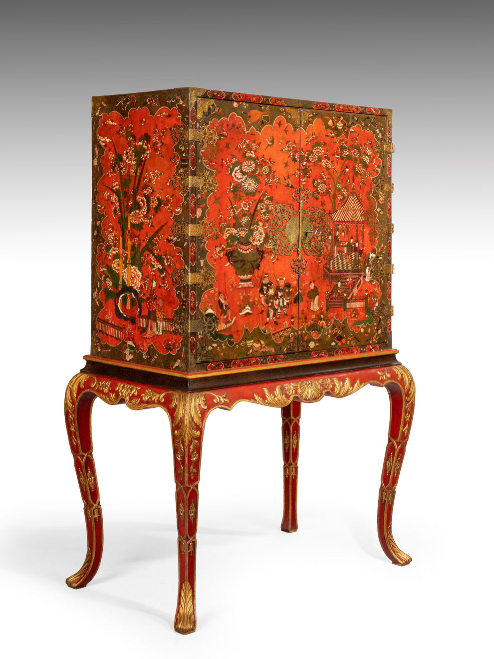 Late 17th Century Scarlet Japanned Cabinet on a later painted stand