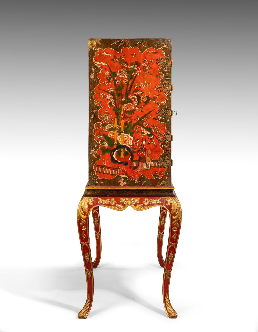 Late 17th Century Scarlet Japanned Cabinet on a later painted stand