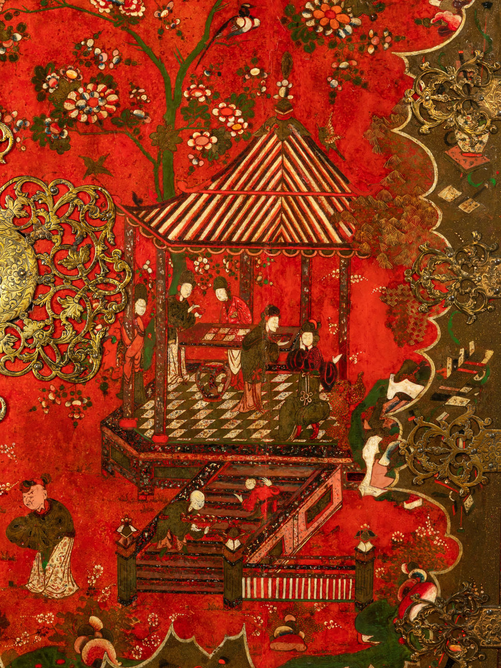 Late 17th Century Scarlet Japanned Cabinet on a later painted stand