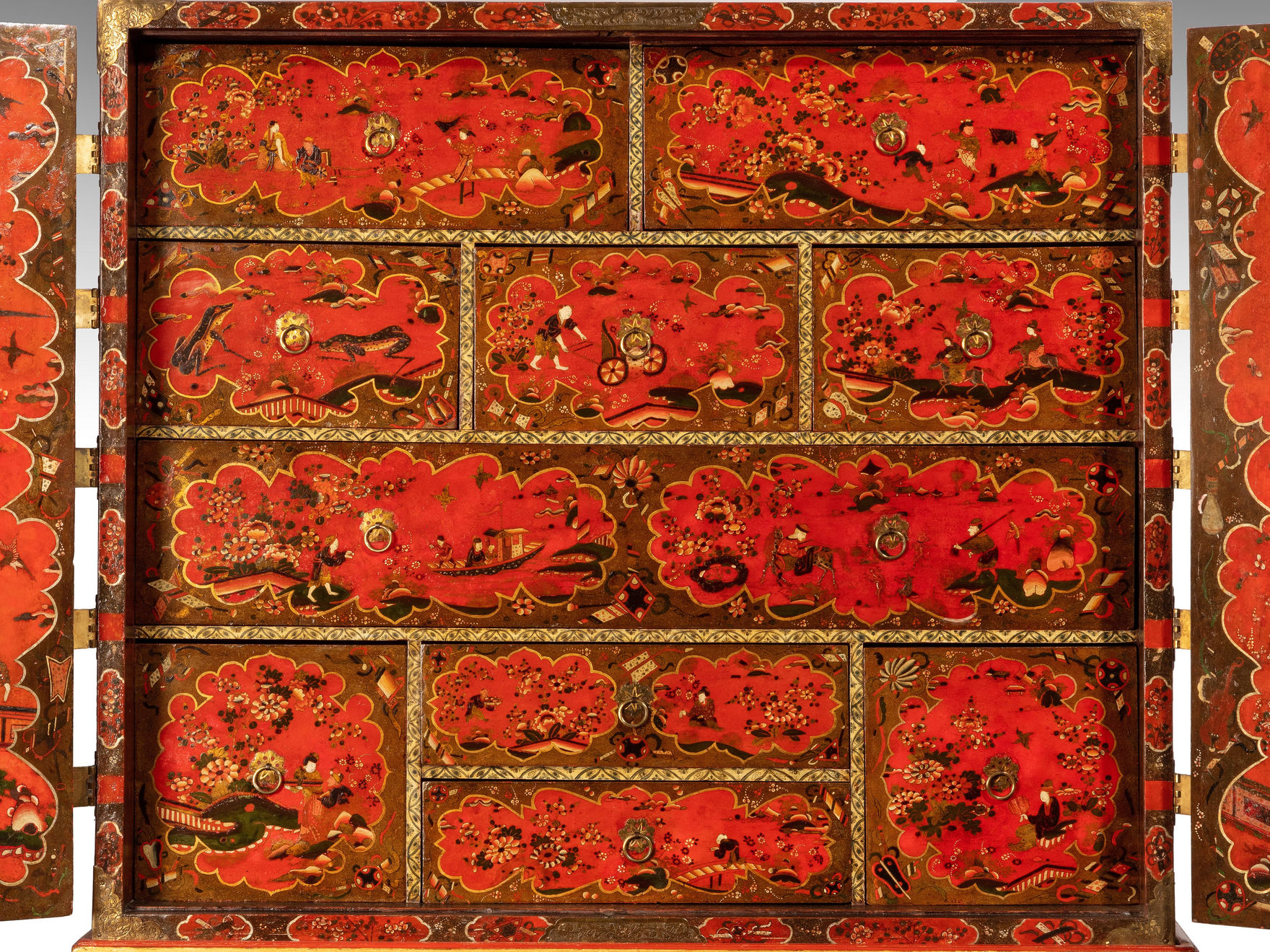 Late 17th Century Scarlet Japanned Cabinet on a later painted stand