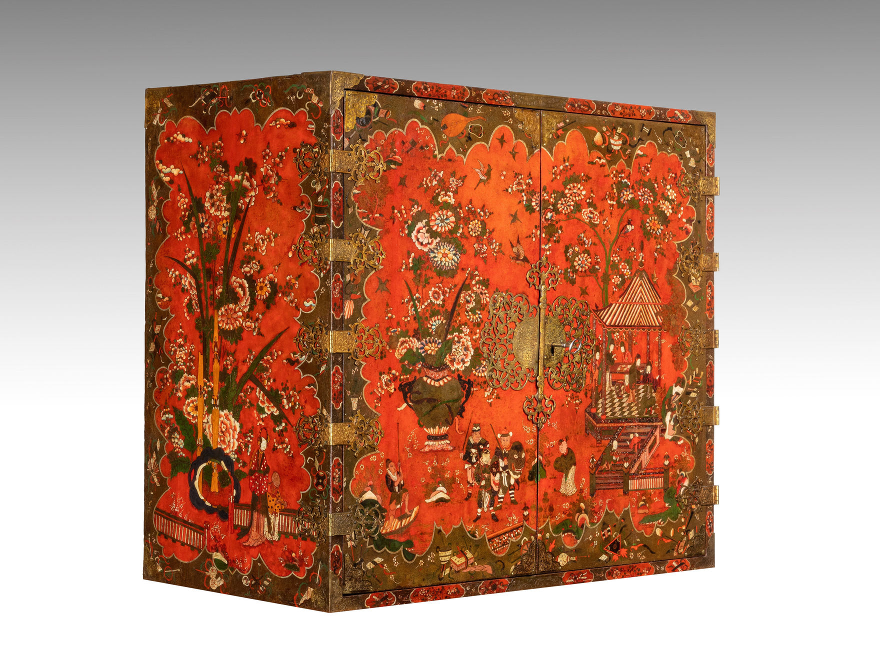 Late 17th Century Scarlet Japanned Cabinet on a later painted stand