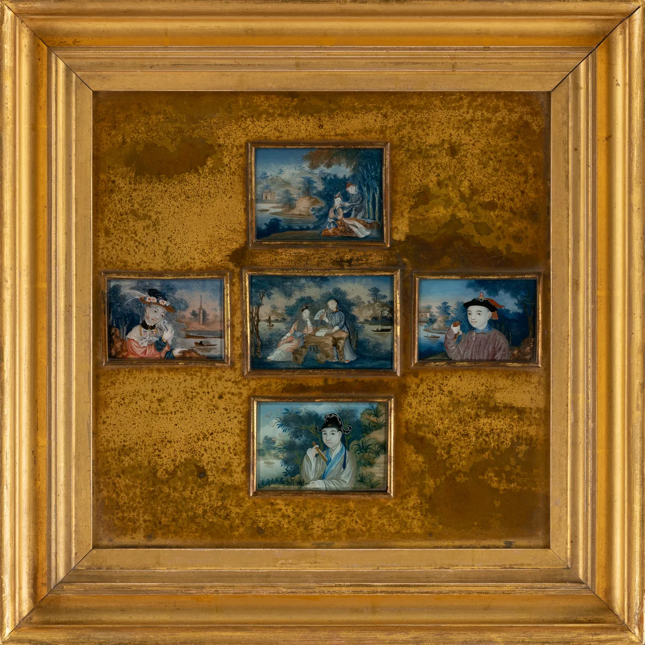 Collection of Ten Chinese Export reverse glass miniature paintings framed as a pair, circa 1790-1800