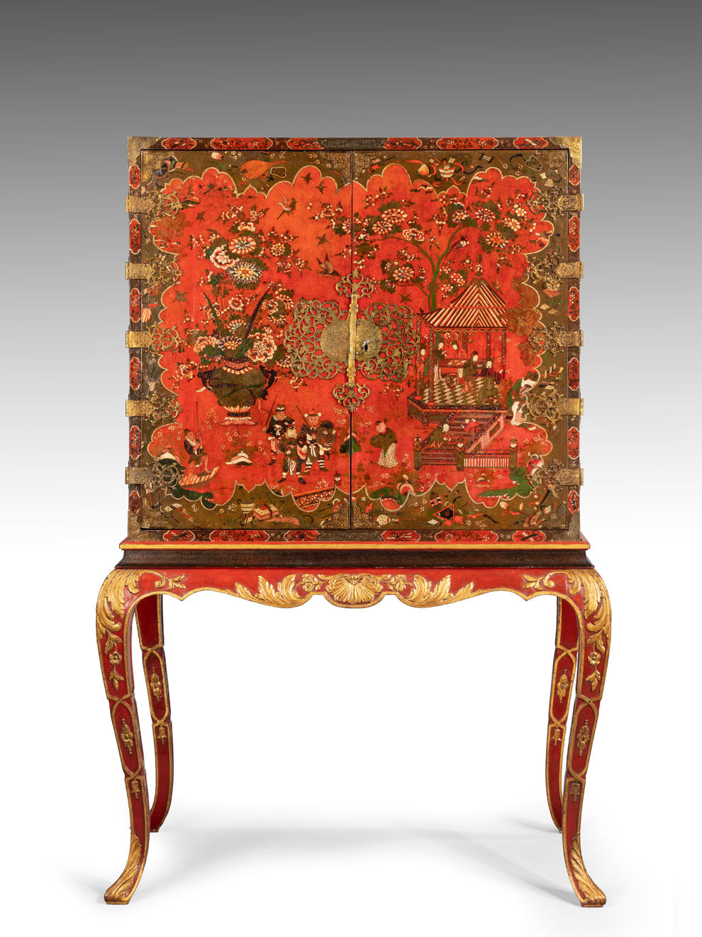 Coulborn antique Late 17th Century Scarlet Japanned Cabinet on a later painted stand