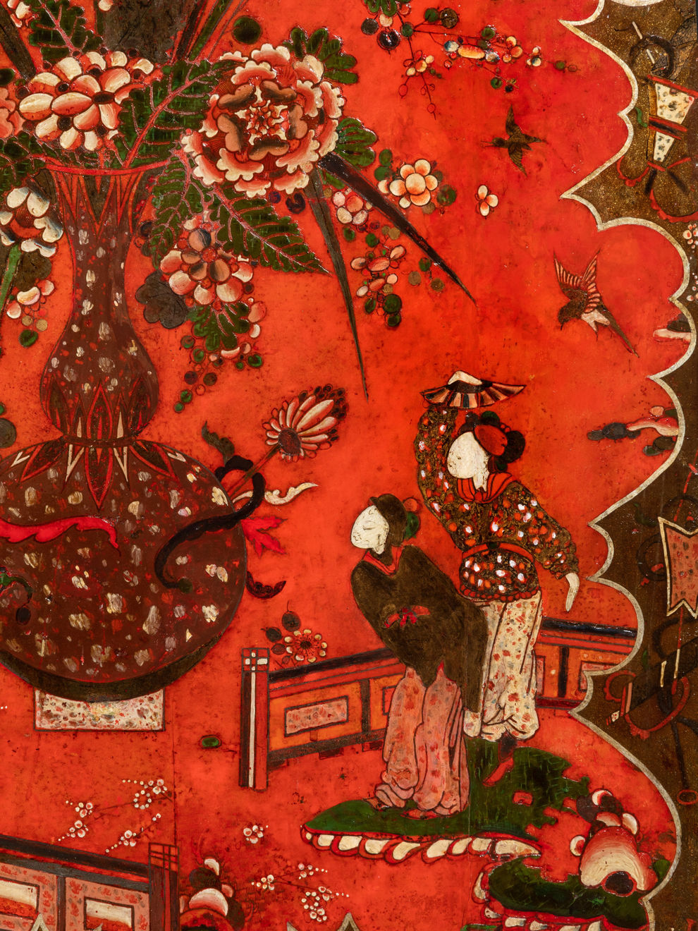 Late 17th Century Scarlet Japanned Cabinet on a later painted stand